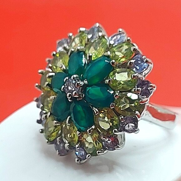 Natural Aventurine 6x4mm, Peridot, Tanzanite 925 Sterling Silver Ring Size 6.75 - Picture 9 of 11